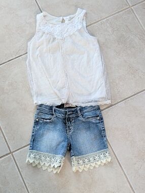 Cherokee Girls Size 7 White Lace Top with Blue LEI Denim Lace  Shorts